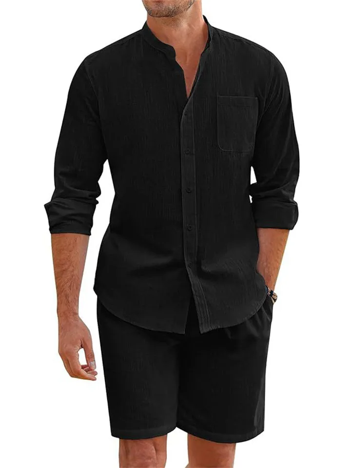 Holiday Simple Cozy Long Sleeve Shirt   Casual Shorts for Men
