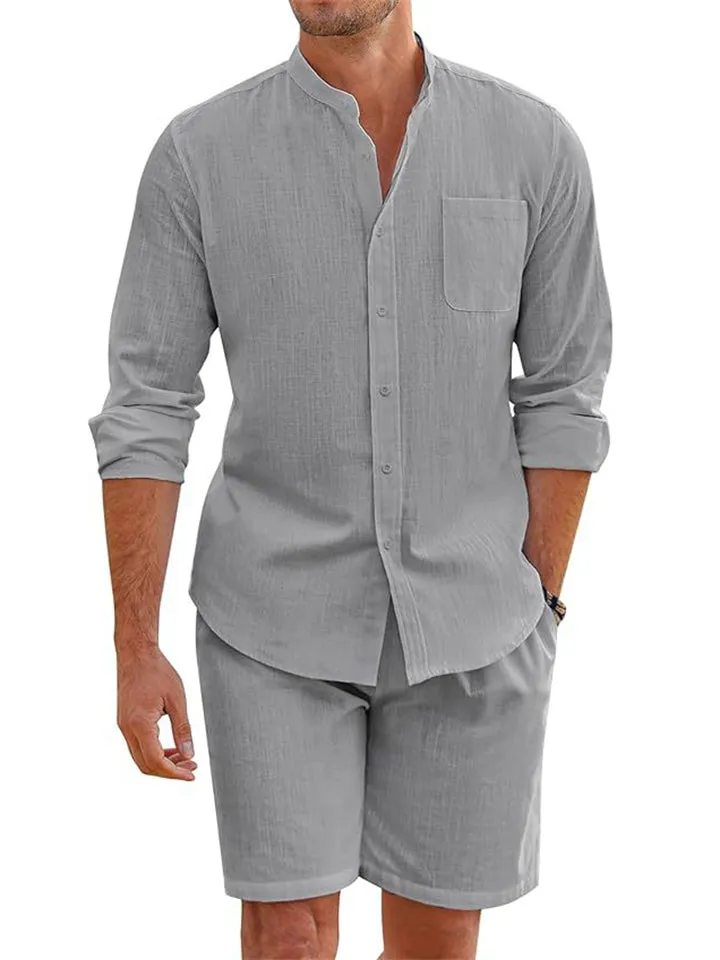 Holiday Simple Cozy Long Sleeve Shirt   Casual Shorts for Men
