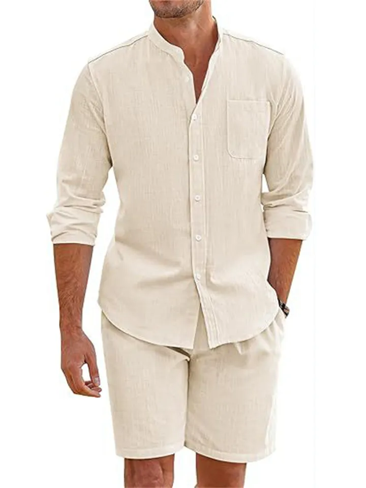 Holiday Simple Cozy Long Sleeve Shirt   Casual Shorts for Men