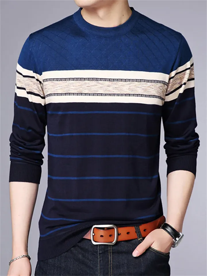 Male Casual Striped Round Neck Knitting Sweater