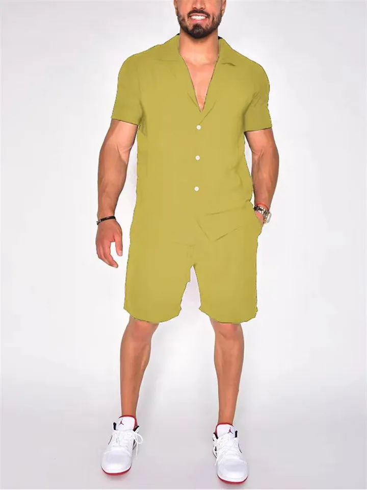 Men's Hawaiian Simple Lapel Shirt Casual Shorts Beach Sets